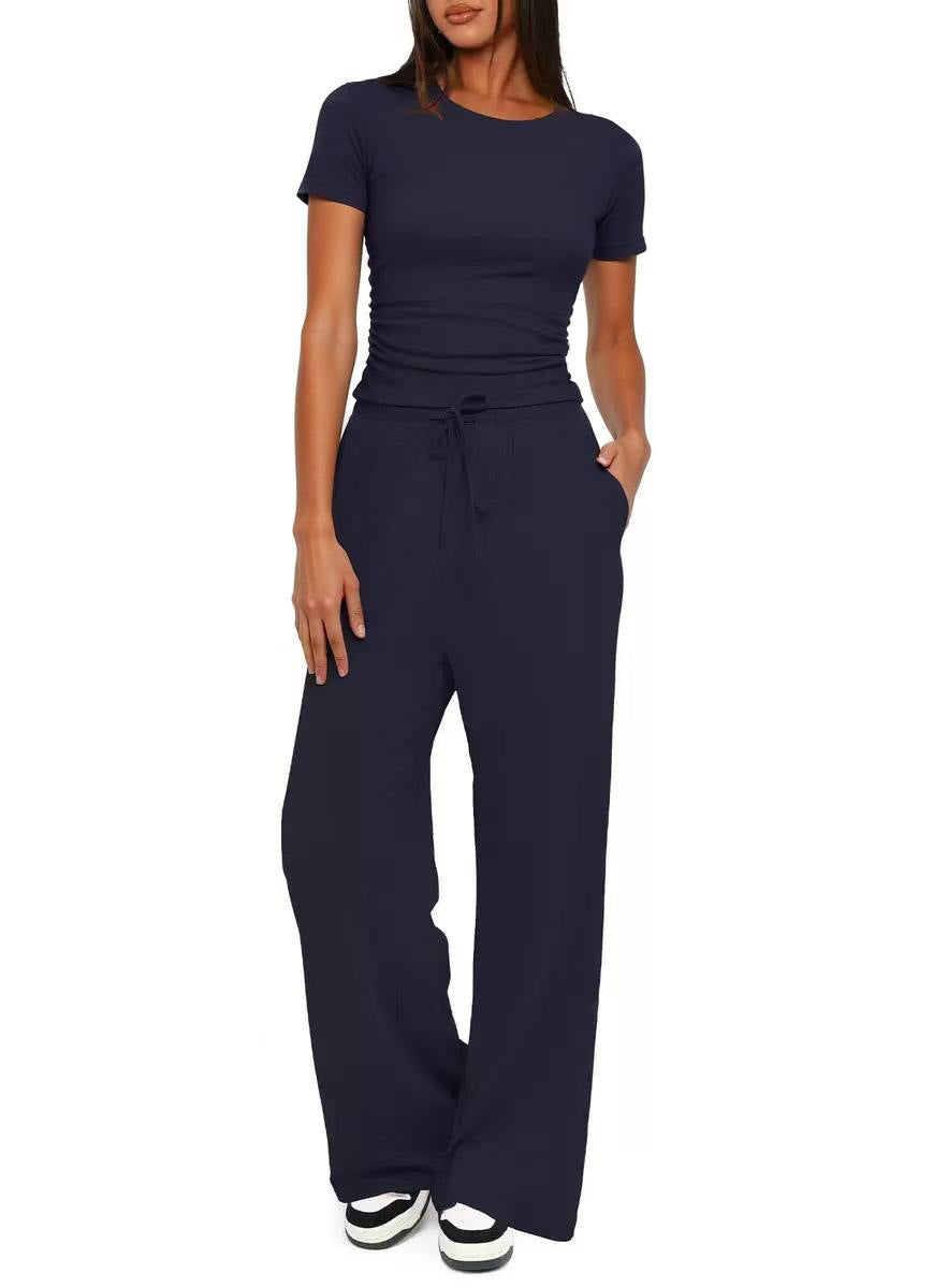 2024 european and american amazon new arrival: solid color casual set - ruched short sleeve top & high-waisted wide leg pants tracksuit