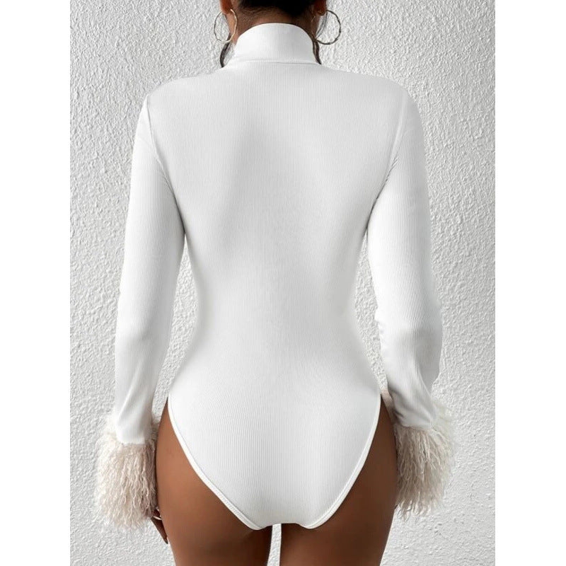 Shipped: women's turtleneck long sleeve bodysuit - ribbed knit with plush cuffs, slim fit autumn/winter top
