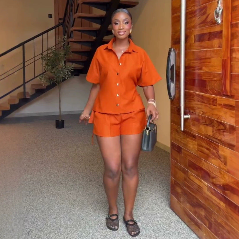 European and american cross-border women's fashion:  summer new collection - solid color turn-down collar loose-fit short sleeve shirt and high-waisted shorts set