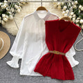 Korean style age-defying layered two-piece set: chic and versatile sleeveless slit knit vest with a stylish white long-sleeve shirt