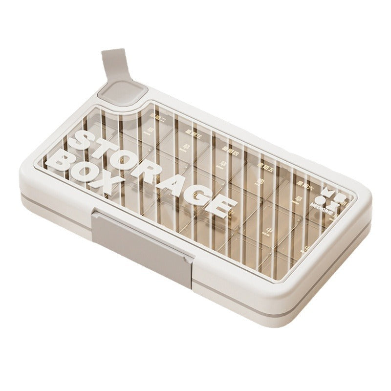 Plastic portable pill organizer - sealed, week-long, high-capacity travel pill case with compartments