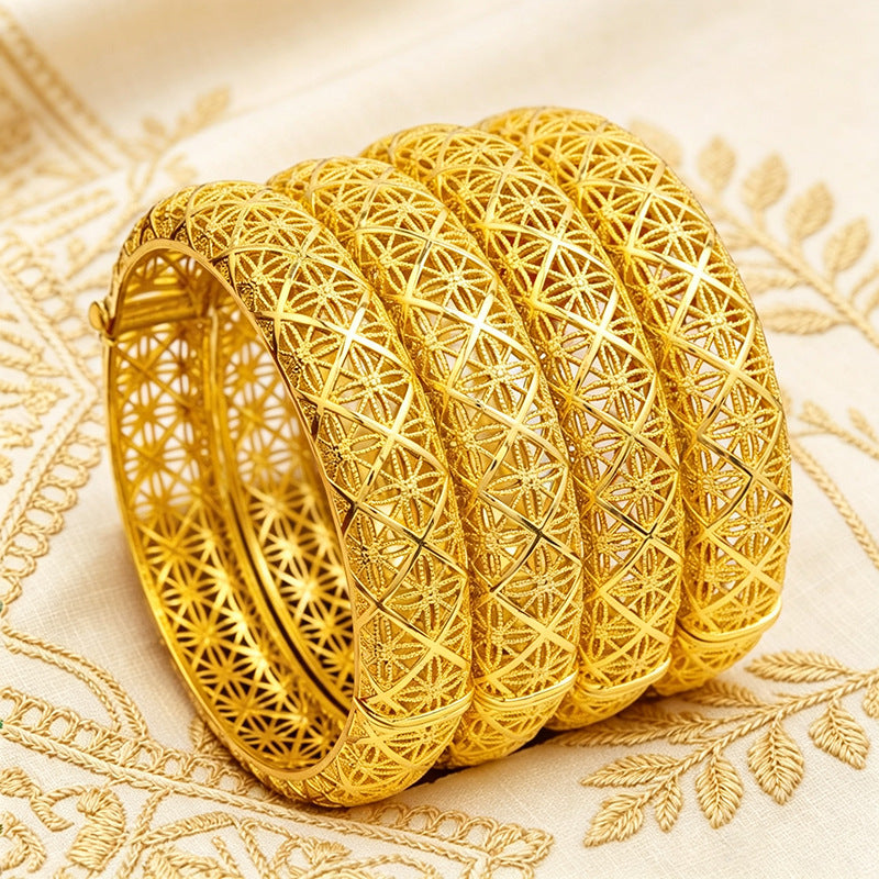 Vintage filigree hollow gold-plated bangle for women - middle eastern wedding & ethnic style bracelet - wholesale & dropshipping available