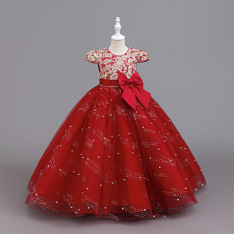export girls' dress - mid-to-large size, short-sleeve wedding dress, flower girl performance dress, princess gown, floor-length style