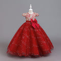 export girls' dress - mid-to-large size, short-sleeve wedding dress, flower girl performance dress, princess gown, floor-length style