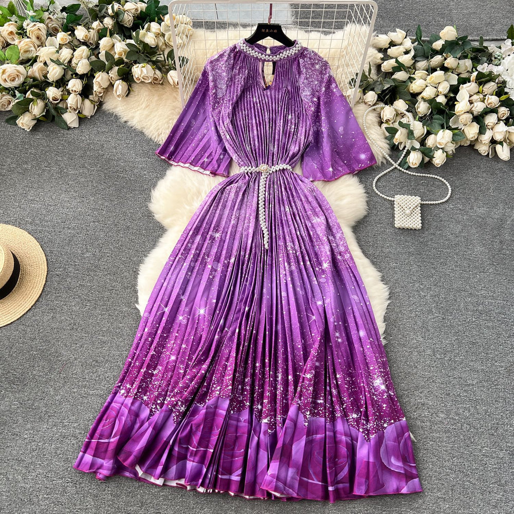 European style plus size women's high-end printed, heavily beaded, pleated long formal dress with pleated skirt - elegant women's dress