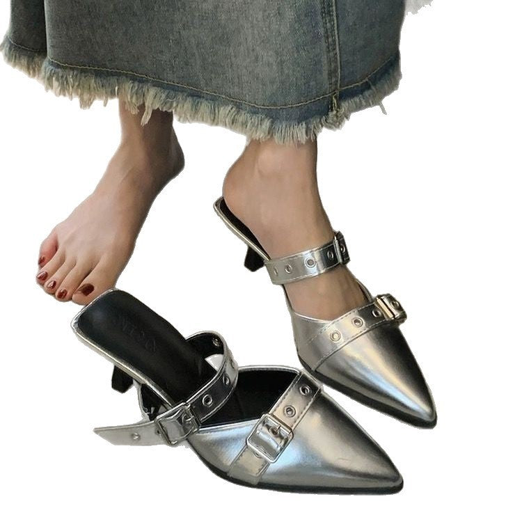 2025 summer pointed-toe stiletto heel fashion silver outdoor wear new closed-toe high-end buckle strap sandals for women