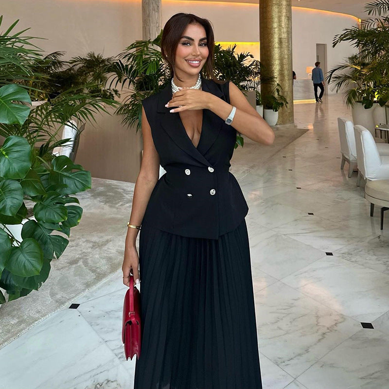 Fashion cross-border women's clothing  summer new arrivalelegant lapel sleeveless double breasted tops pleated skirt casualsuit