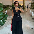 Fashion cross-border women's clothing  summer new arrivalelegant lapel sleeveless double breasted tops pleated skirt casualsuit