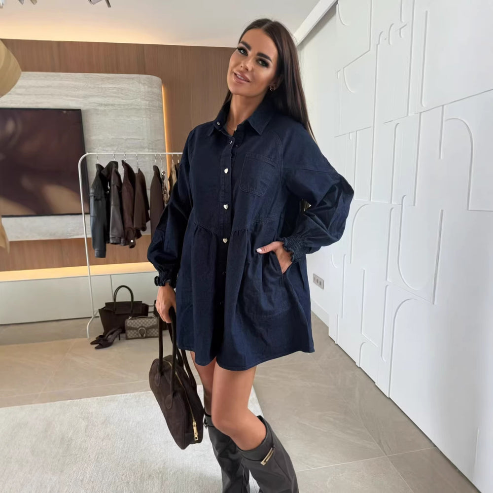 European and american cross-border  independent station export fashion skirt casual shirt button long sleeve denim dress women