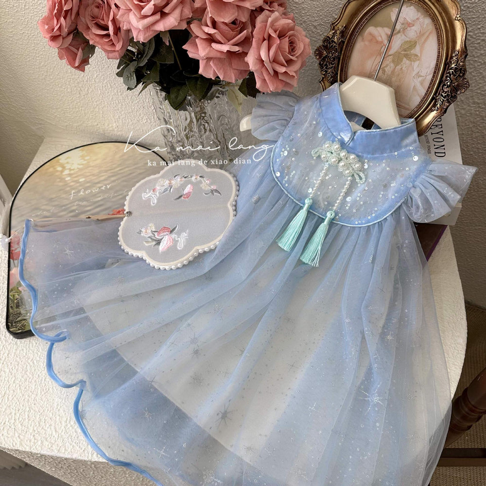 Girls' dress : new chinese style, chinese knot button, tassel, mesh, flutter sleeve princess dress
