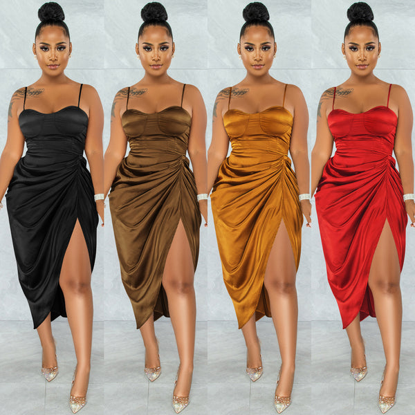 X5393   Ebay Fashion Solid Color Women's Sexy Suspender Breast Wrap Split Dress