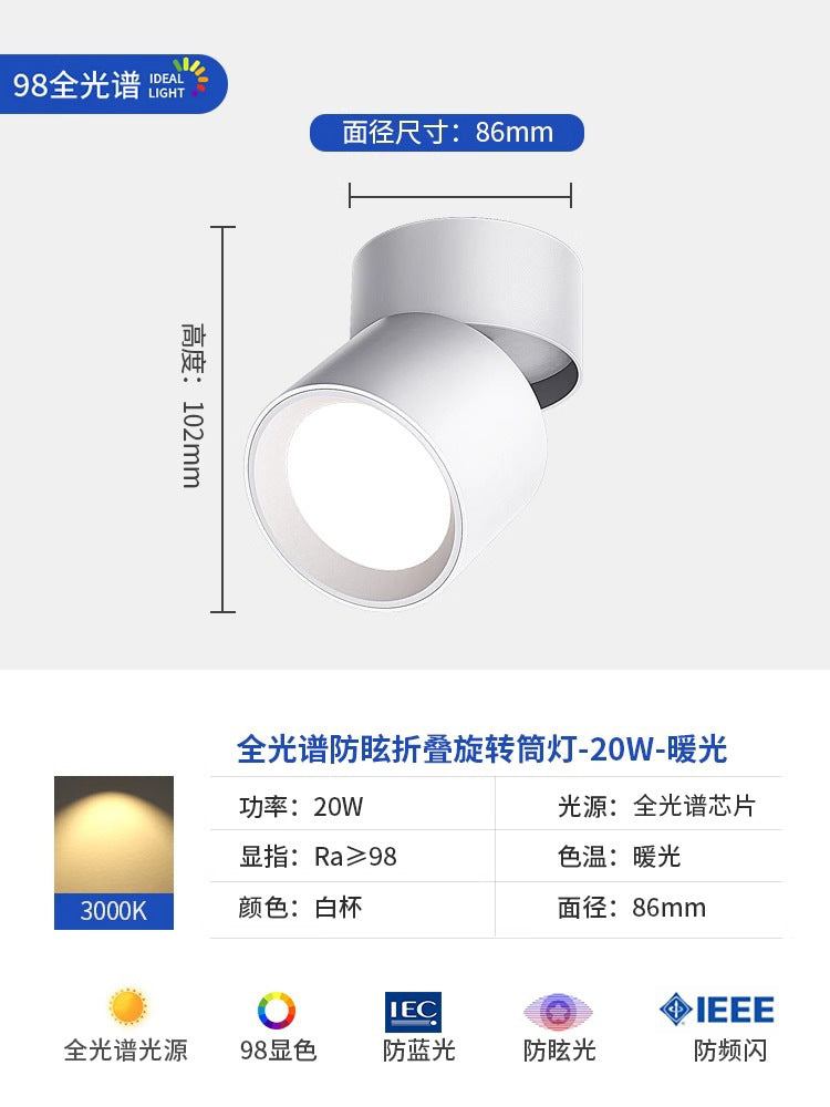 Full spectrum surface mounted downlight spotlight - no drilling, adjustable angle, bedroom ceiling light, folding hallway light, small light for home entrance