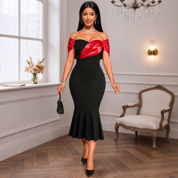 Off-the-shoulder sexy contrasting party dress, one-word shoulder ruffle slim fishtail dress dinner dress Dresses