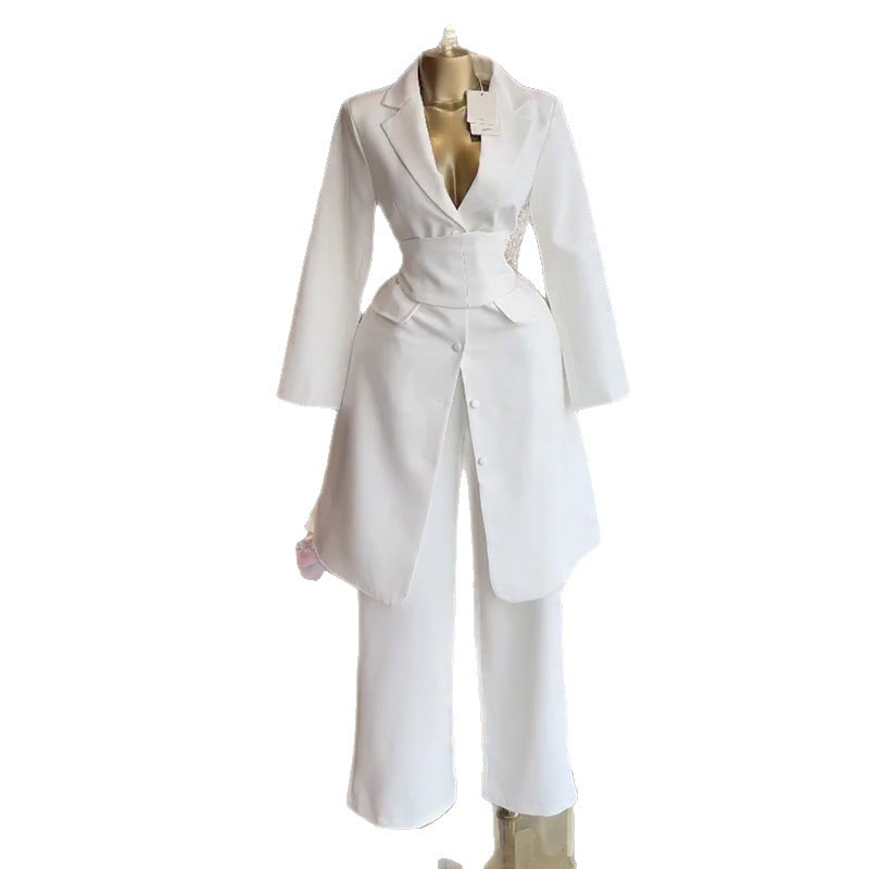 European and american cross-border women's fashion  spring new arrival: elegant mid-length long-sleeve blazer and high-waisted pants set
