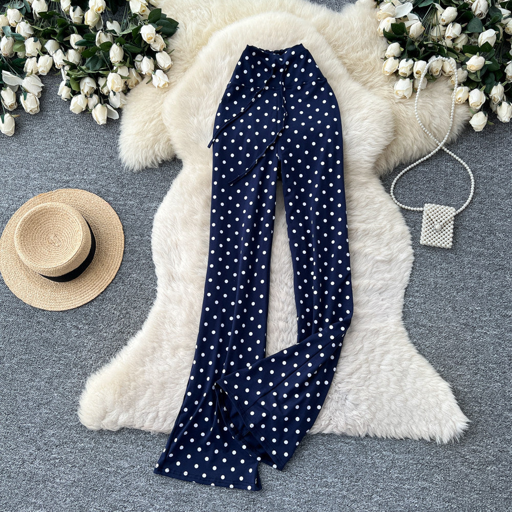 K-stylehigh waist polka dot lazy feeling strappystraight-leg pants for women  spring summer lazy styleslimming lookelegantcasual pants