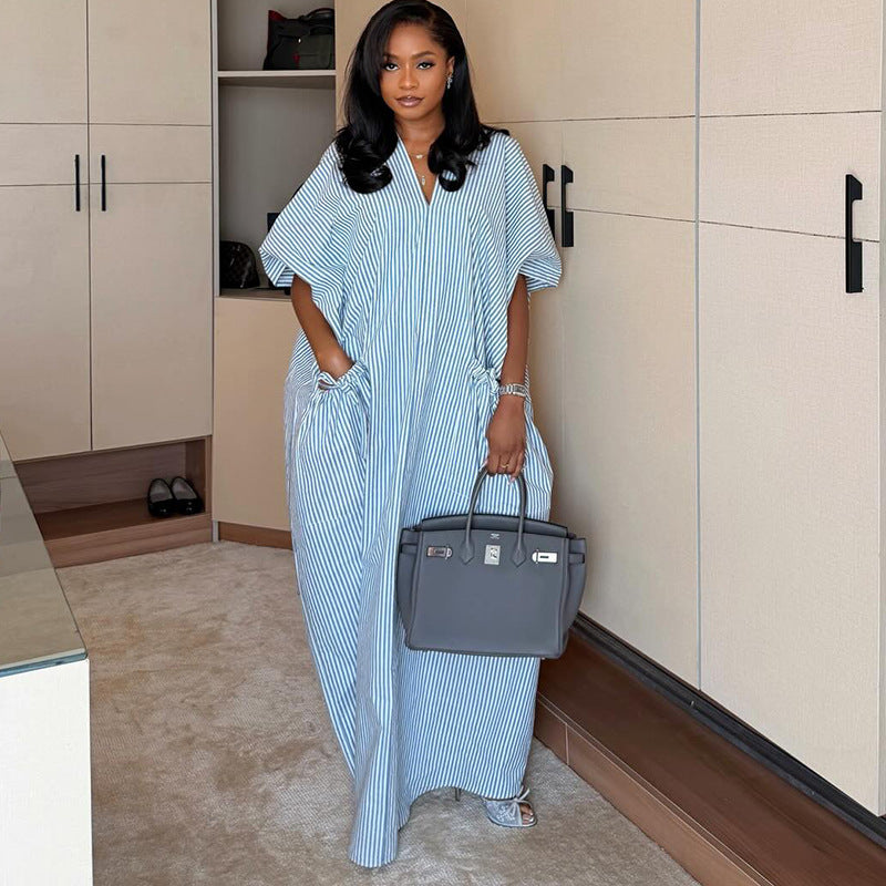 European and american cross-border women's fashion:  spring new arrivals - stylish, casual, loose-fit striped v-neck tie-waist maxi dress
