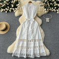Frenchretro stand collar cut outlacepatchwork pearl single breasted waist slimming look long large swing dress for women