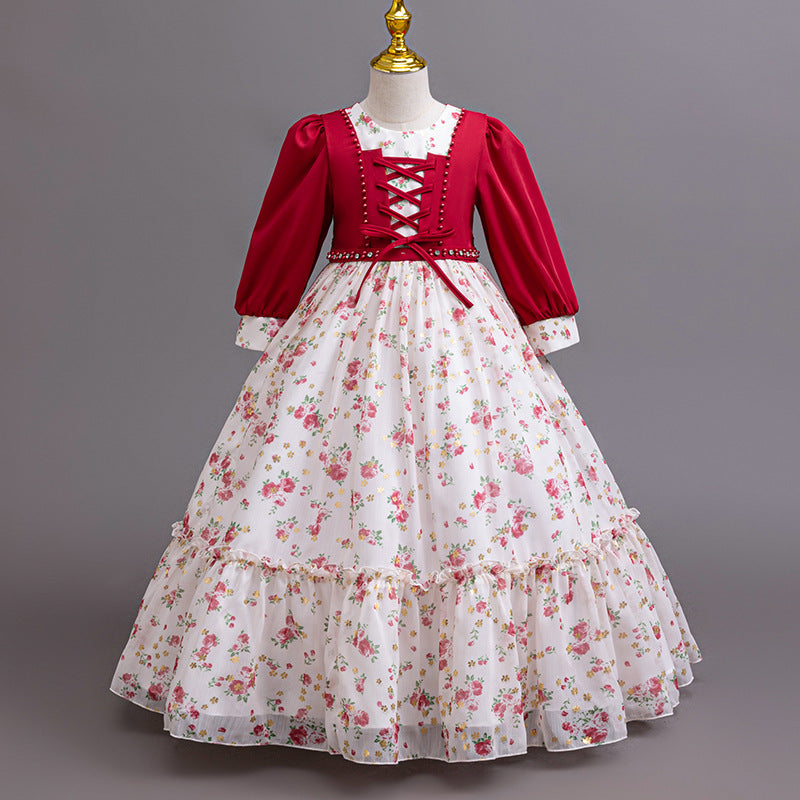 Ready-to-ship new chiffon dress long sleeve floral print princess dress girls' piano performance dress flower girl dress