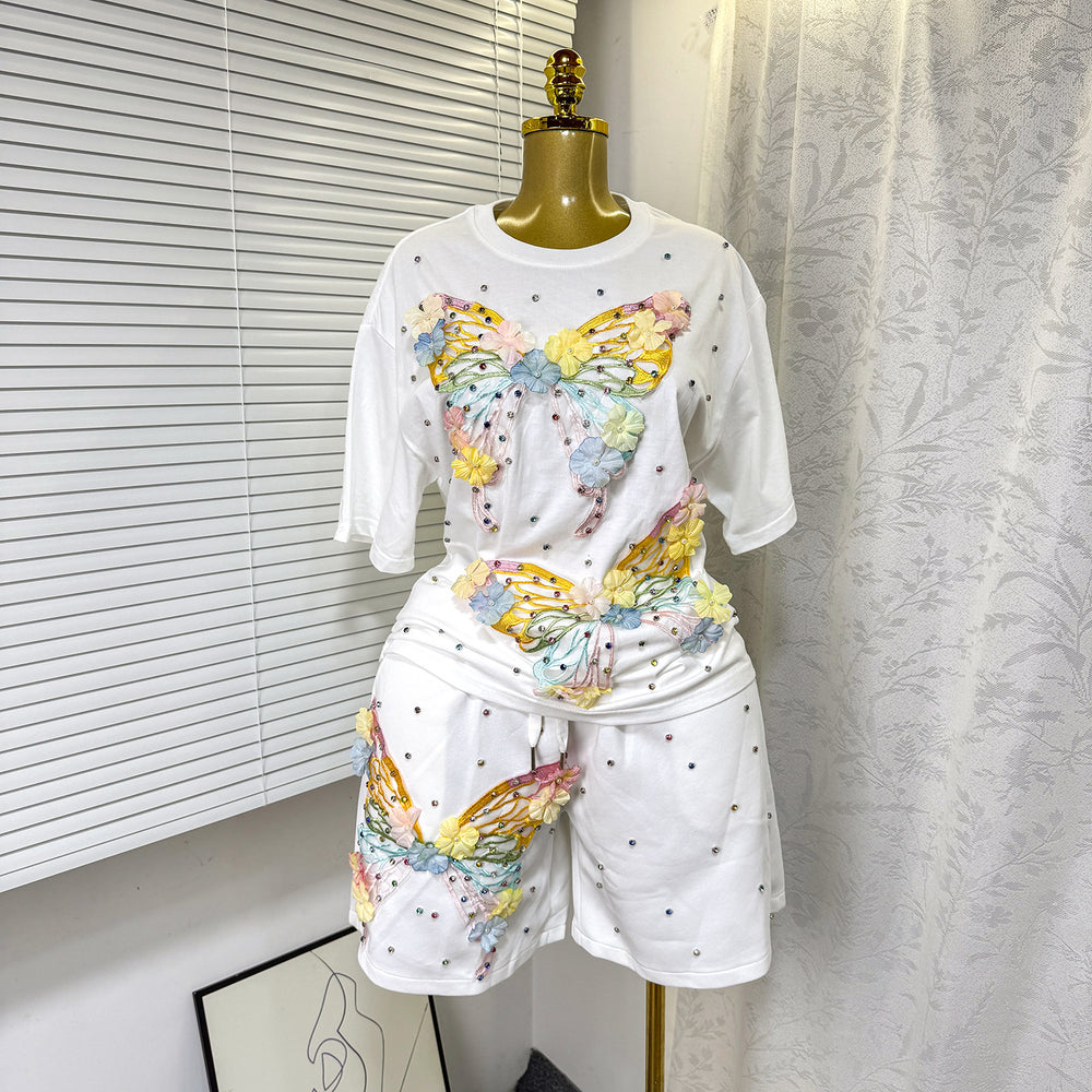 Fashionsuit european goods sense of design butterfly diamond short-sleeved t-shirt tops women + elastic waist wide-leg shorts two-piece set