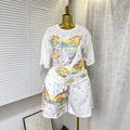 Fashionsuit european goods sense of design butterfly diamond short-sleeved t-shirt tops women + elastic waist wide-leg shorts two-piece set