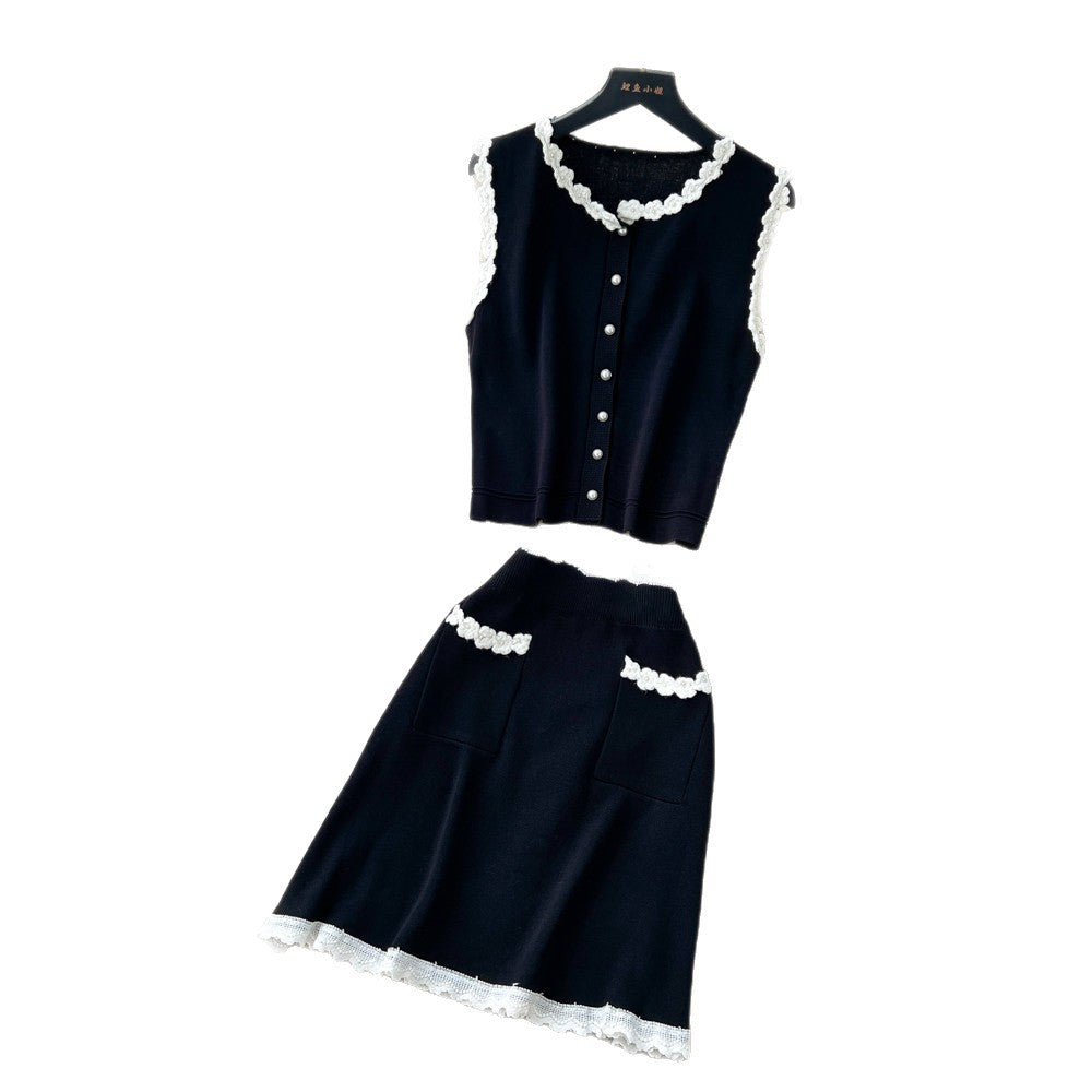 French chic lace trim sleeveless tank top & high-waisted midi skirt set -  summer collection - elegant knit two-piece