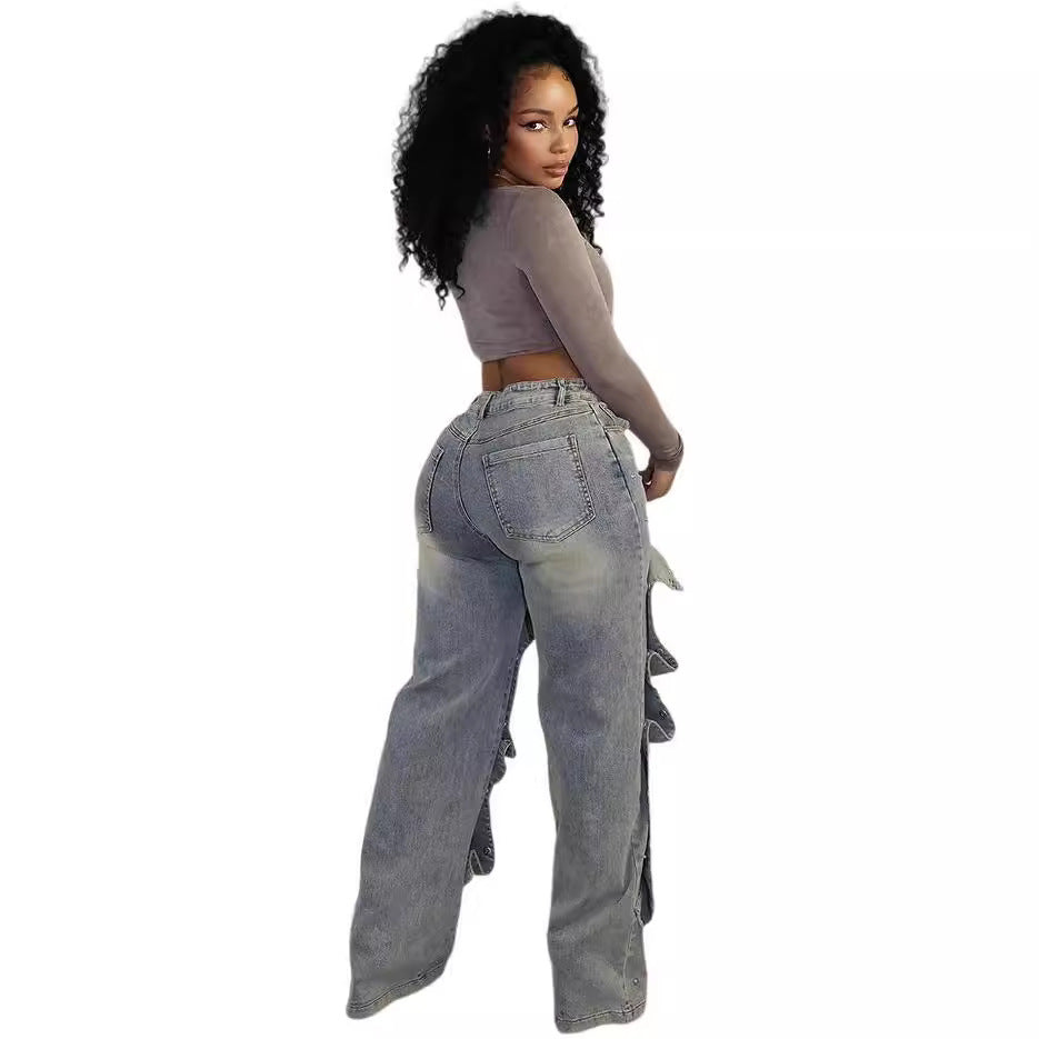 European and american style straight-leg jeans -  cross-border women's fashion - autumn street style trendy detachable button high-waisted pants