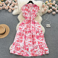 French sweet and gentle style v-neck floral chiffon dress - women's summer cinched waist, slimming, vacation-ready, fairy dress