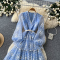 French chic v-neck embroidered maxi dress - women's long sleeve, slim fit, a-line, elegant and flowy