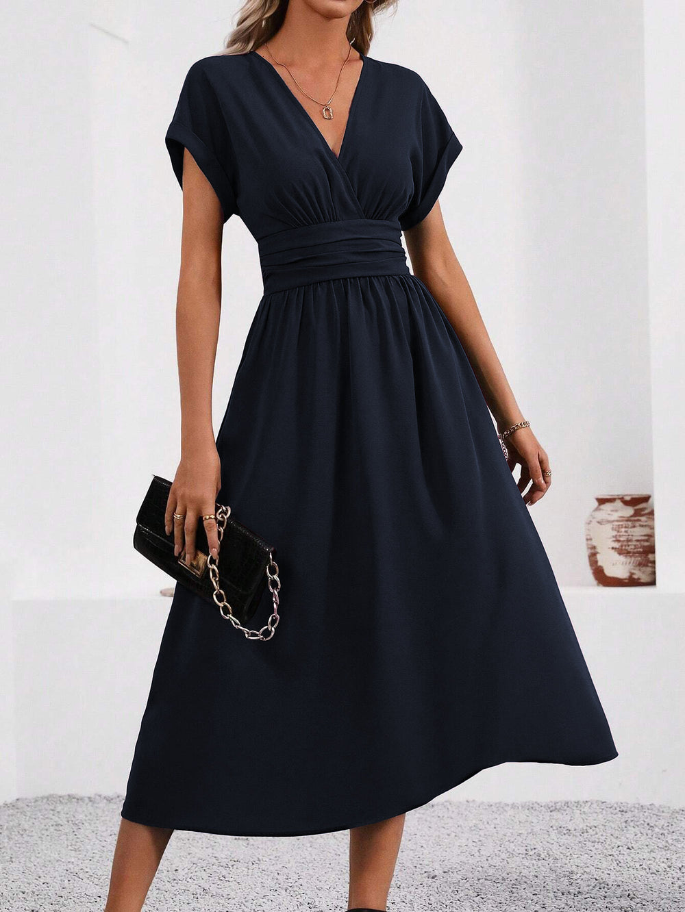 Women's summer solid color overlapping v-neck batwing sleeve waist ruched maxi elegant dress, women's long dress