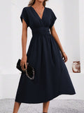 Women's summer solid color overlapping v-neck batwing sleeve waist ruched maxi elegant dress, women's long dress