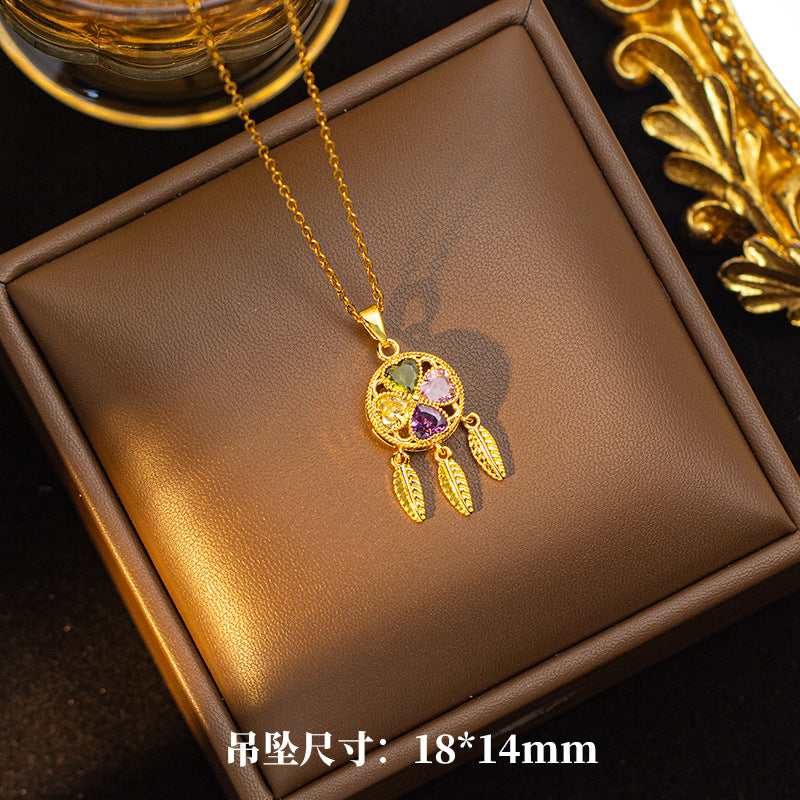 Copper inlaid zirconium four-leaf clover necklace for women, titanium steel real gold plating popularinsfashion flower exquisite sweater chain jewelry