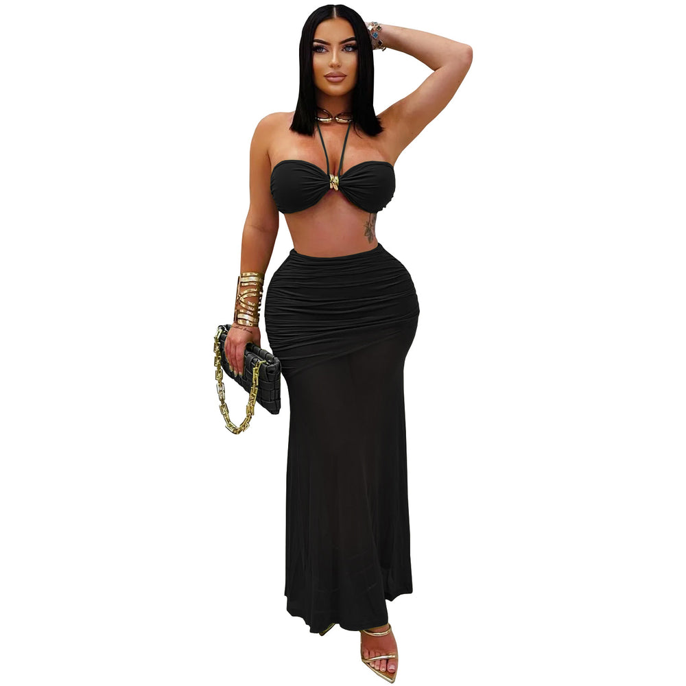 C7456 cross-border   fashion women's sexy bandeau sleeveless ruched mesh maxi dress new