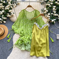 Vacation style green floral short-sleeved dress women's summer rufflesv neck bat sleeve high waist a-line skirt light oxygen feel