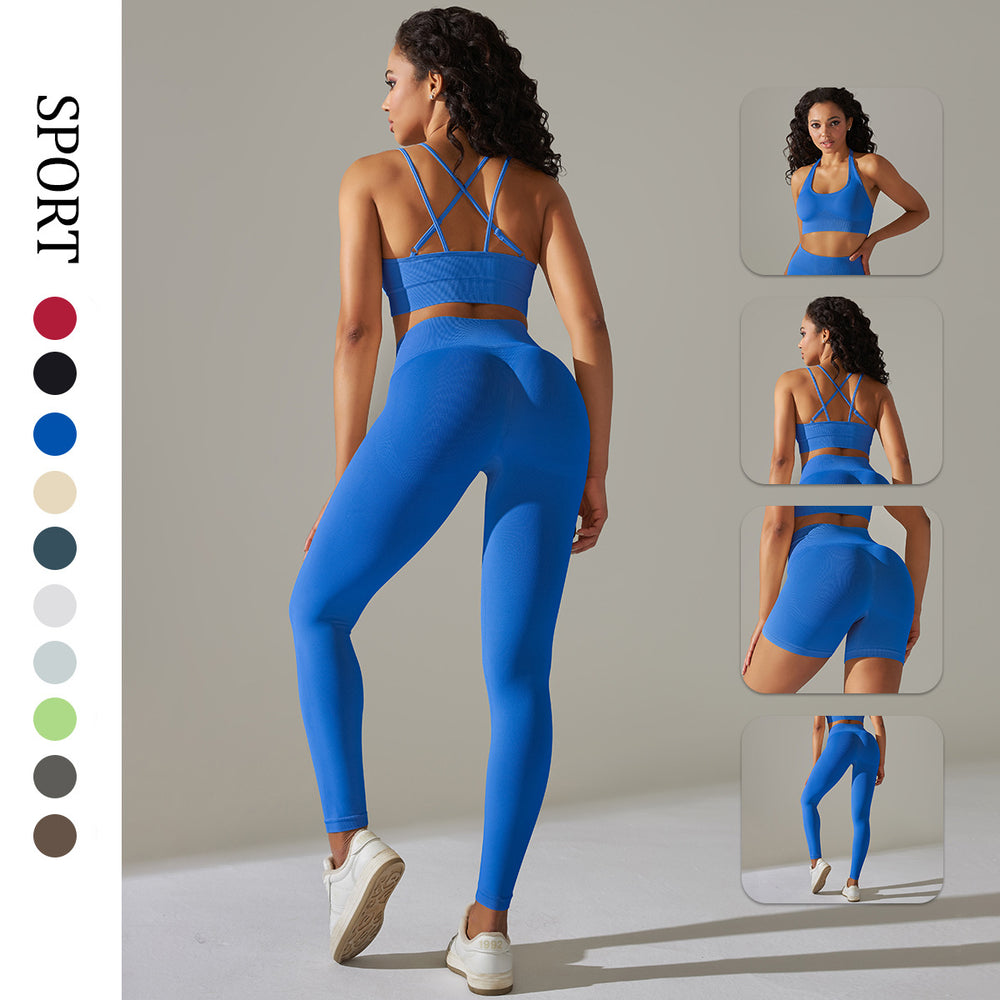 Spring/summer new solid color knitted seamless peach lift leggings with sports bra set - yoga & fitness apparel for women