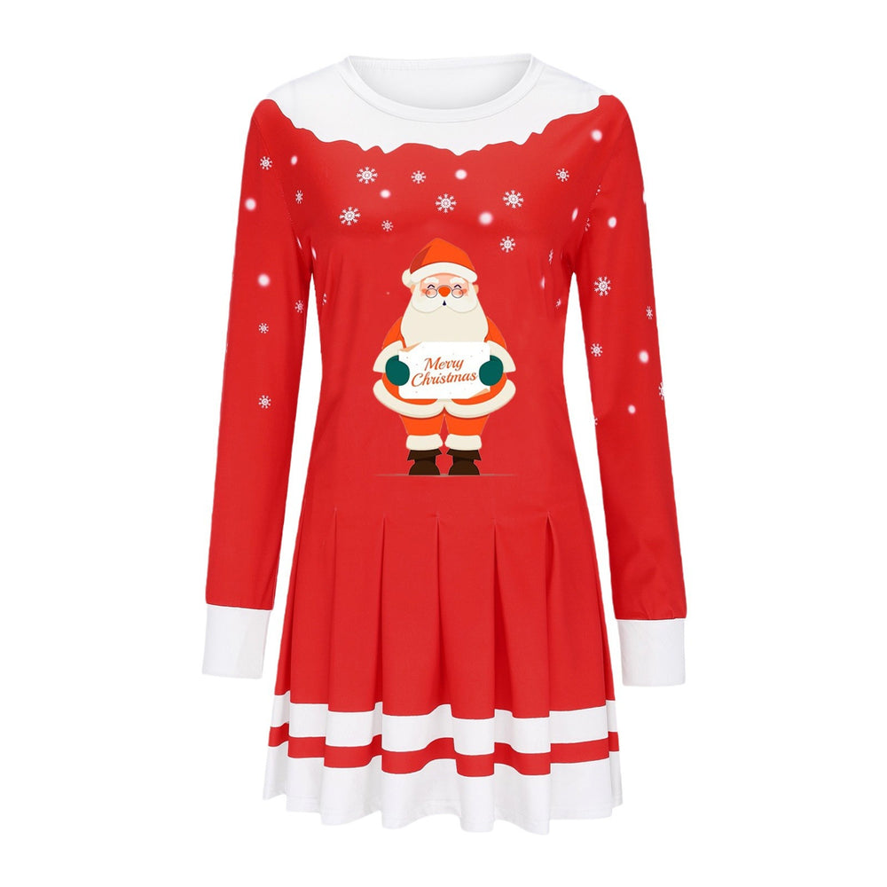 2025 european and american cross-border women's autumn/winter printed round neck long sleeve pleated party dress - european and american style