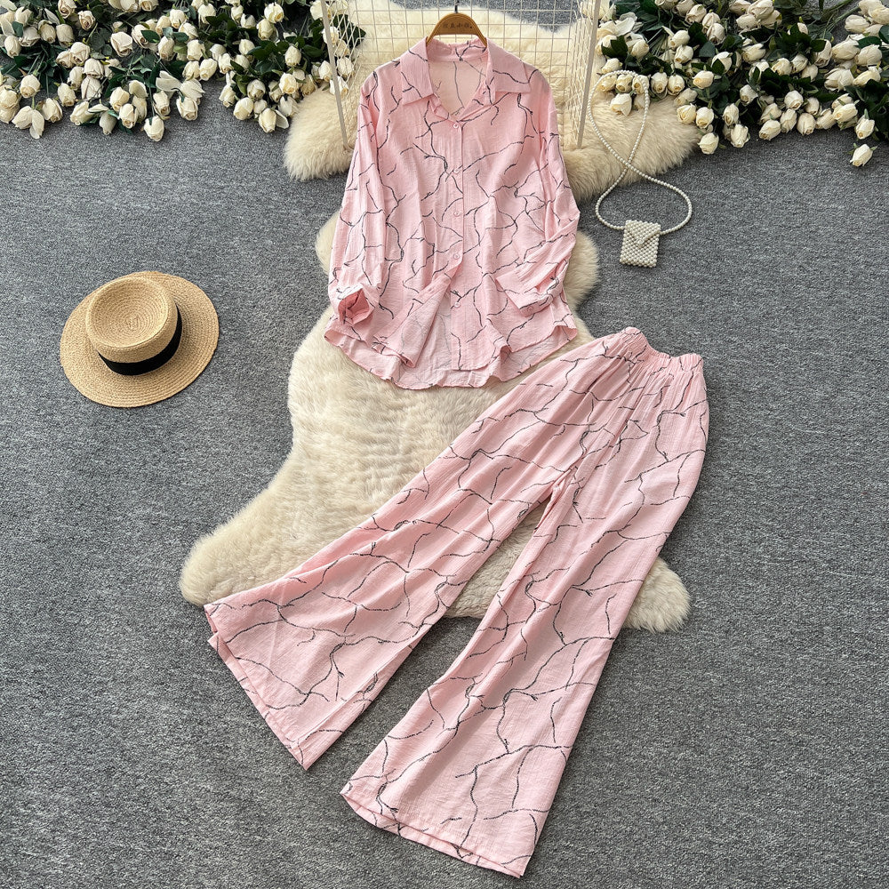 Lazy style pink printingshirtloose pantstwo-piece set female autum light mature style easiest for matchwork clothingelegantsuit