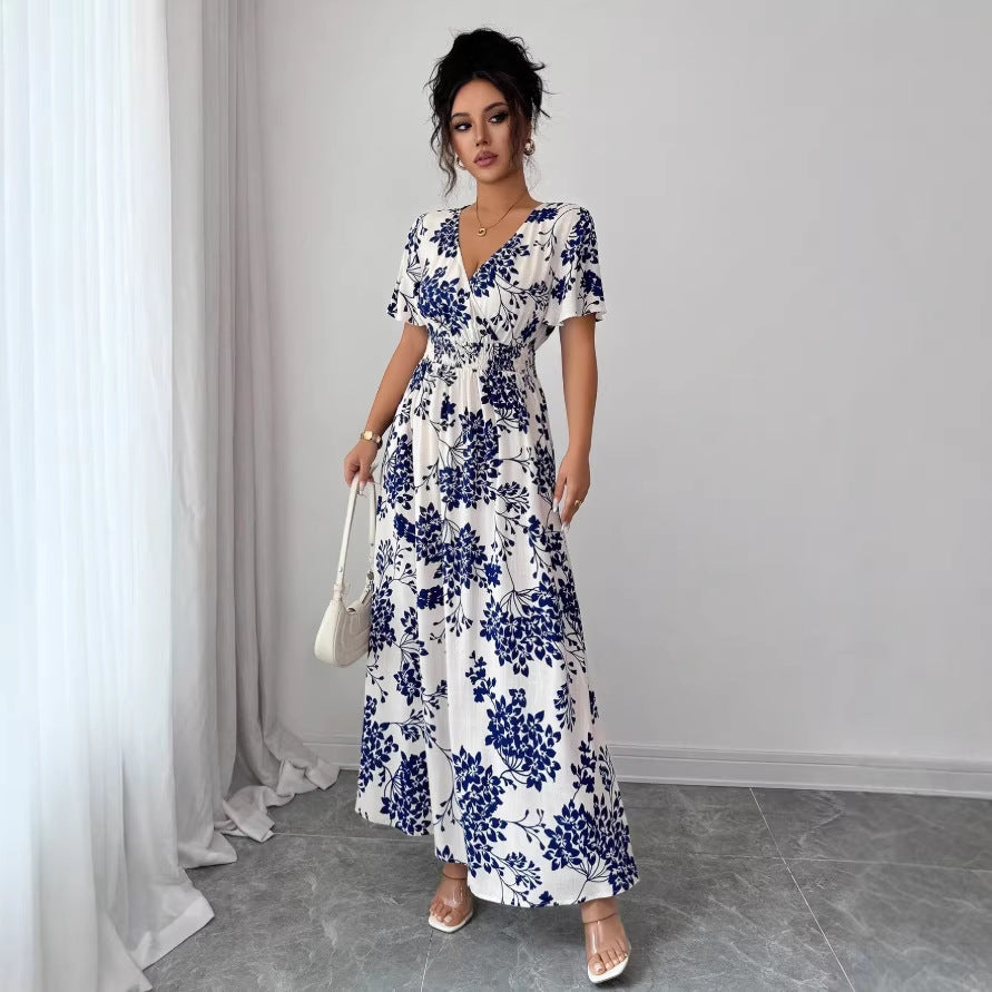 new european and american summer print v-neck maxi dress