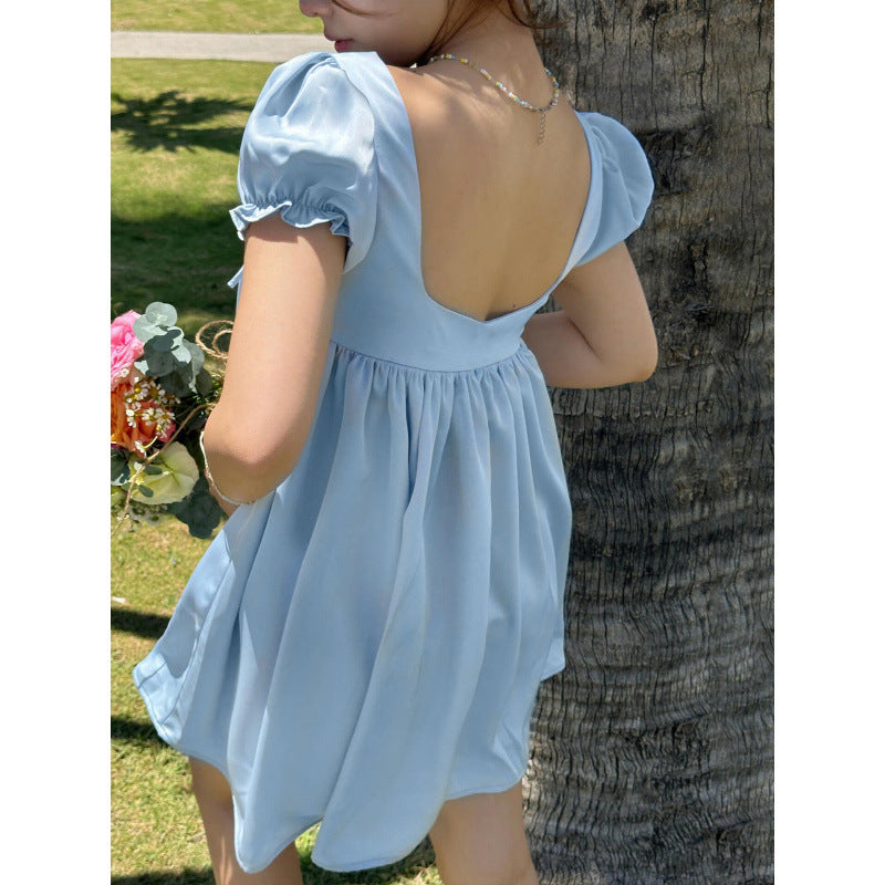 European and american women's clothing  spring new french court sweet girly style square neck puff sleeve loose dress