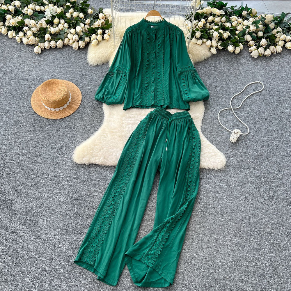 Elegant two-piece set for women, autumn : french court style lace patchwork lantern sleeve blouse with high-waisted wide-leg pants