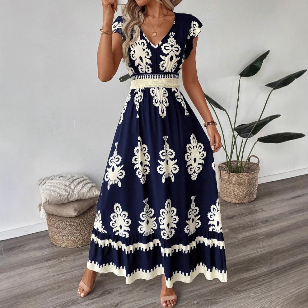 2025 new european and american amazon aliexpress summer fashion printed v-neck waist-defining long dress for women
