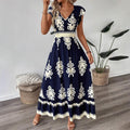 2025 new european and american amazon aliexpress summer fashion printed v-neck waist-defining long dress for women