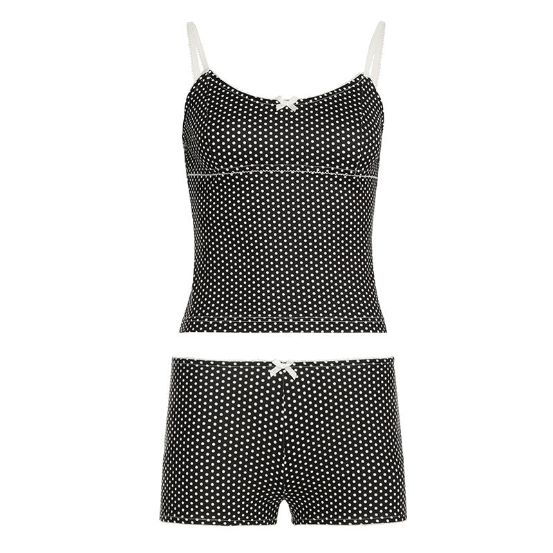 Summer casual street polka dot printing set bow cute suspender top shorts basic two-piece set wholesale