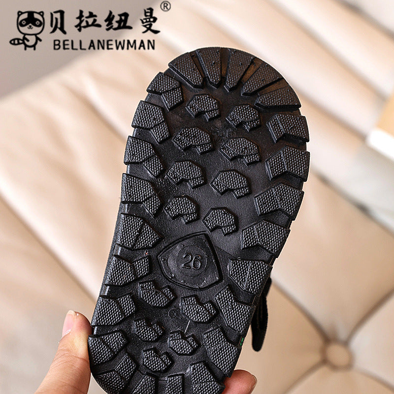 Custom boys' fleece-lined snow boots, new autumn/winter collection, girls' black cotton shoes, thickened ankle boots for students, trendy styles for mid-to-large children