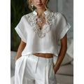 Amazon european cotton linen casual solid color stand collar shirt women's  summer new slimming short top