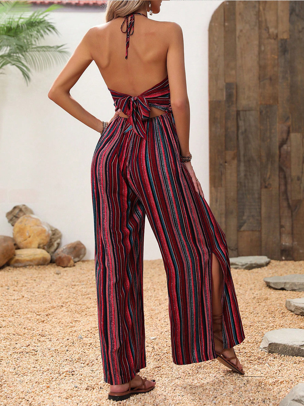 Amazon  european and american spring/summer striped print sexy flared jumpsuit
