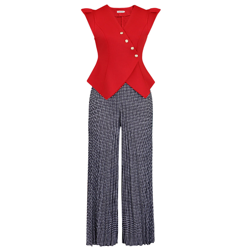 D632 european and american cross-border fashion sleeveless button-up solid color v-neck top with printed pleated wide-leg pants african two-piece set