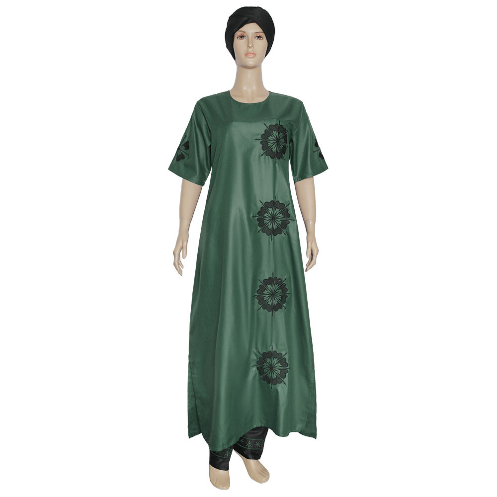 Wholesale   two-piece set short sleeve matte fabric dress with headscarf maxi dress plus size women's
