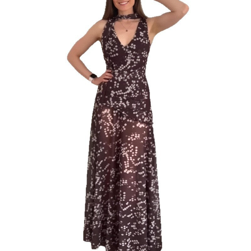 cross-border european and american women's clothing: new summer fashion vacation style printed slimming v-neck cami dress