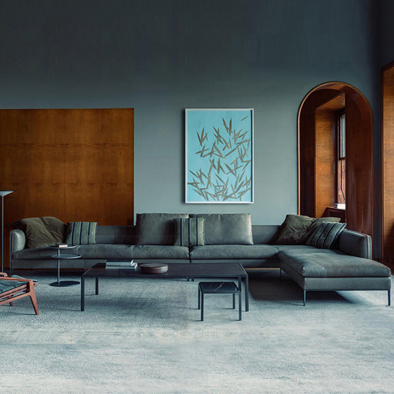 Italian minimalist genuine leather sofa, understated luxury, simple modern nordic down-filled living room set, small apartment sofa wholesale