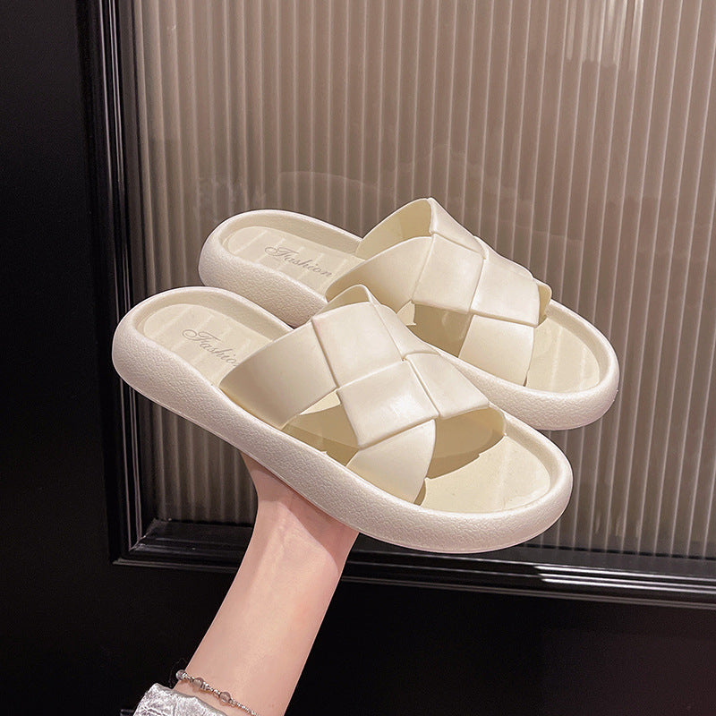 2024 summer new fashion trendy casual outdoor wear one-strap slippers checkered woven flat beach sandals for women